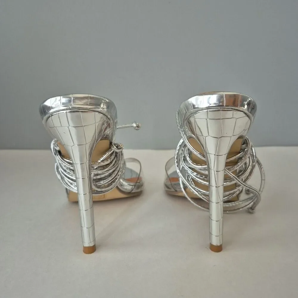 Boutique Silver Clear Open Toe Lace Up and Around the Calf High Heels Womens 6